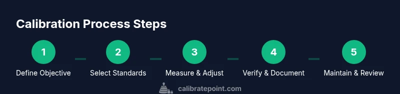 Process diagram showing calibration steps: plan -> measure -> adjust -> verify -> document