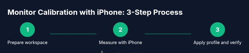 Infographic showing a 3-step workflow for iPhone based monitor calibration