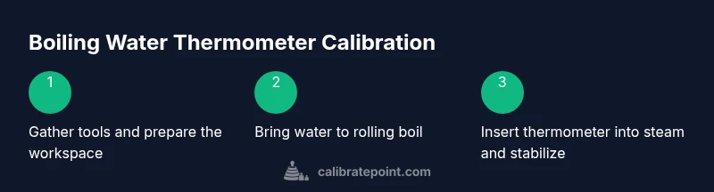 Infographic showing a 3-step boiling-water thermometer calibration process