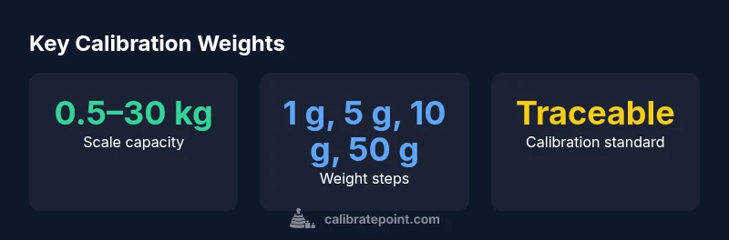 Calibration weights infographic showing scale capacity, weight steps, and traceability