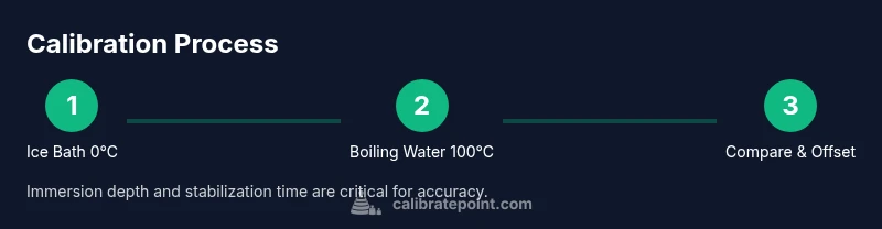 Process diagram showing ice bath, boiling water bath, and comparison steps for calibrating a copper thermometer