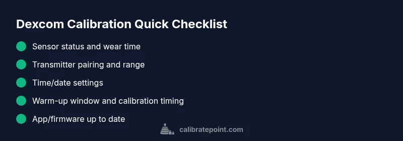 Checklist infographic for Dexcom calibration troubleshooting