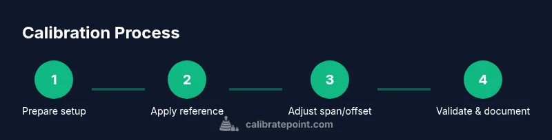 Process diagram showing a four-step calibration workflow for a temperature transmitter.