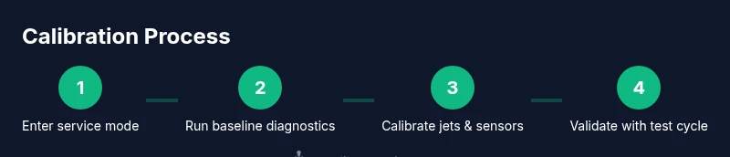 Process diagram showing calibration steps for Samsung Active WaterJet washer